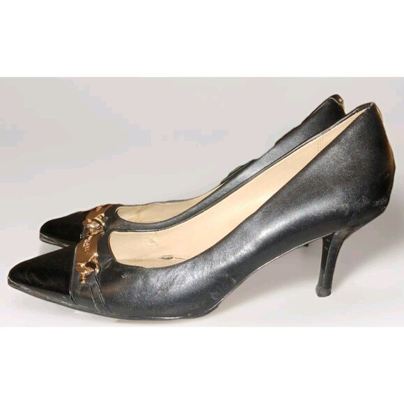 COACH Bowery Black Patent Cap Toe Soft Lambskin Pumps Kitten Heels Gold Sz 6.5 B - Picture 5 of 10